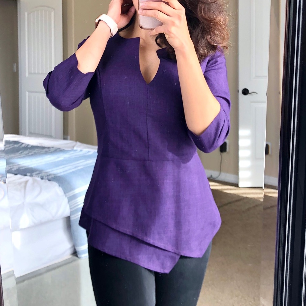 DIONI Purple Linen Asymmetrical Hem Peplum Blouse